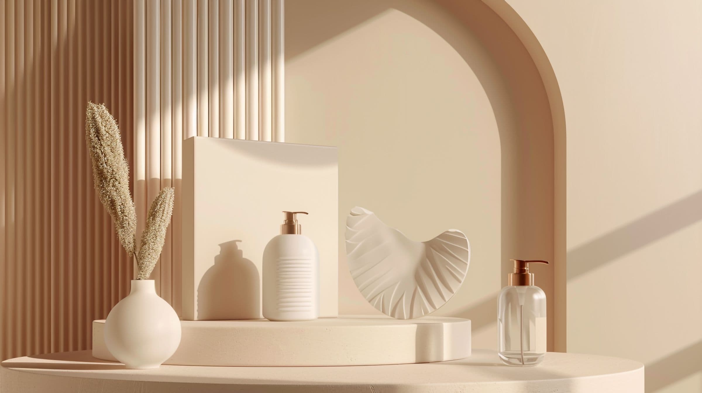 Alcôve beige et flacons de soin dans une lumière chaude